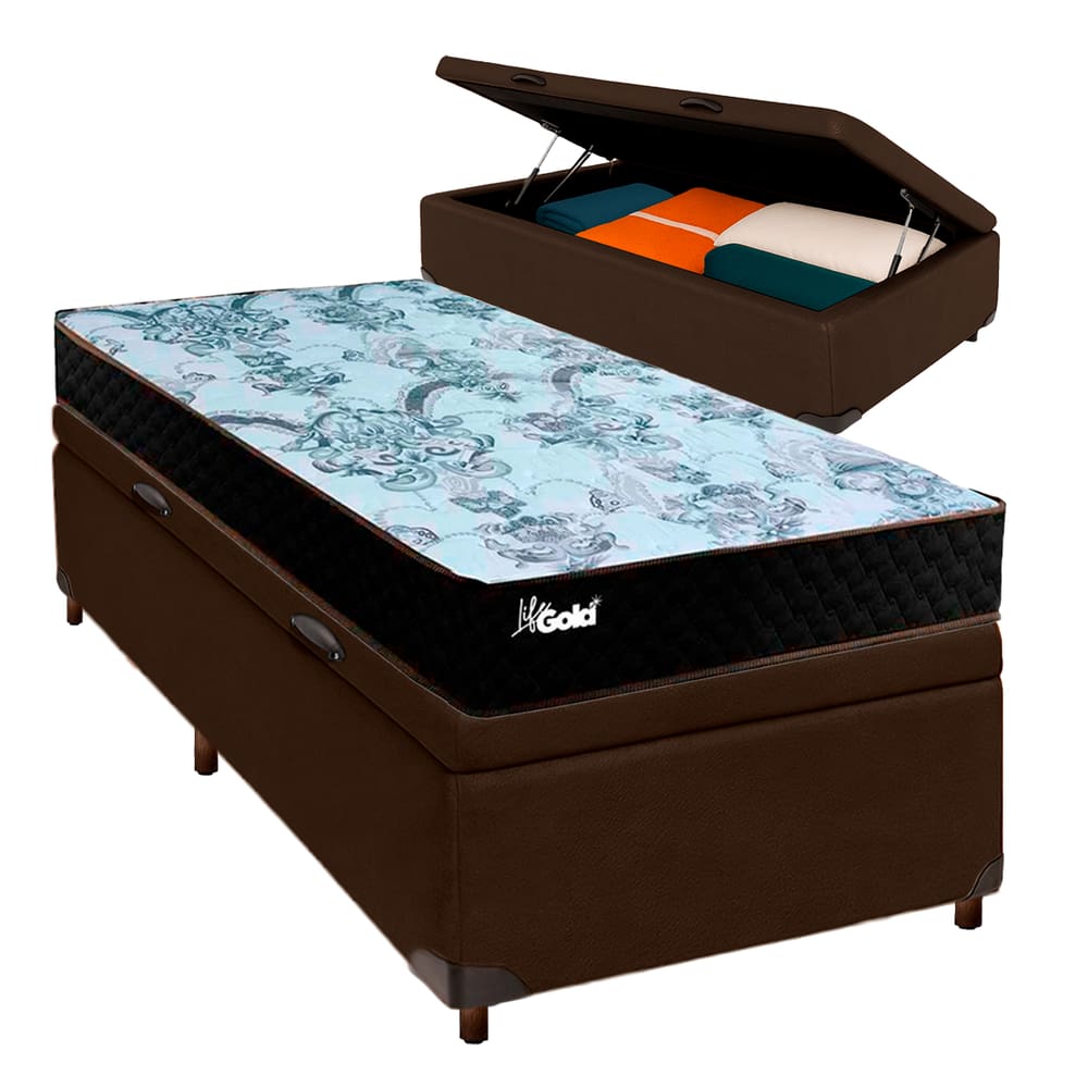 Cama Box Bau + Colchão Solteiro Molas Ensacadas Life Gold Paropas