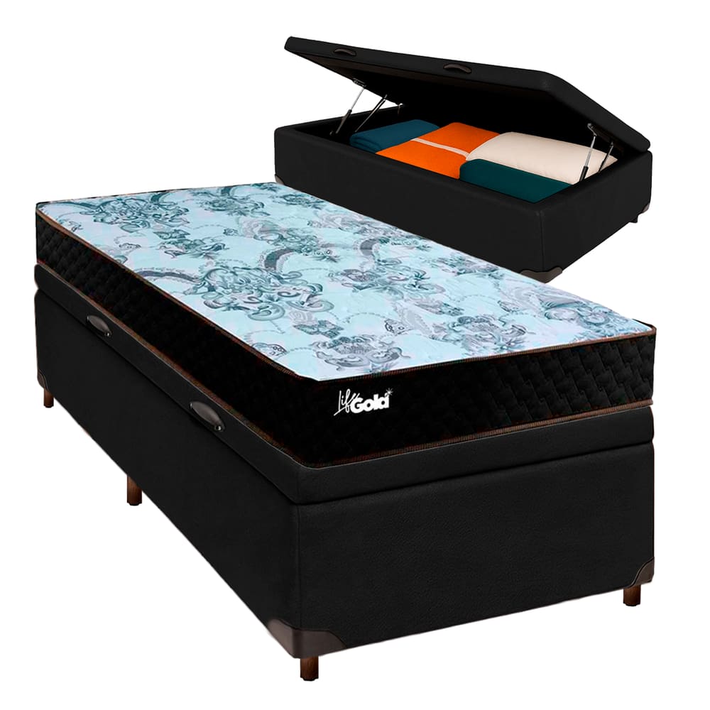 Cama Box Bau Blindado Solteiro + Colchão Molas Ensacadas Life Gold Paropas