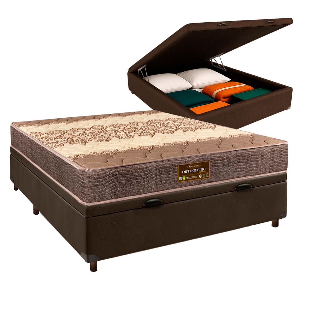 Conjunto Cama Box Bau Marrom Casal + Colchão D26 Ortophedic Sankonfort