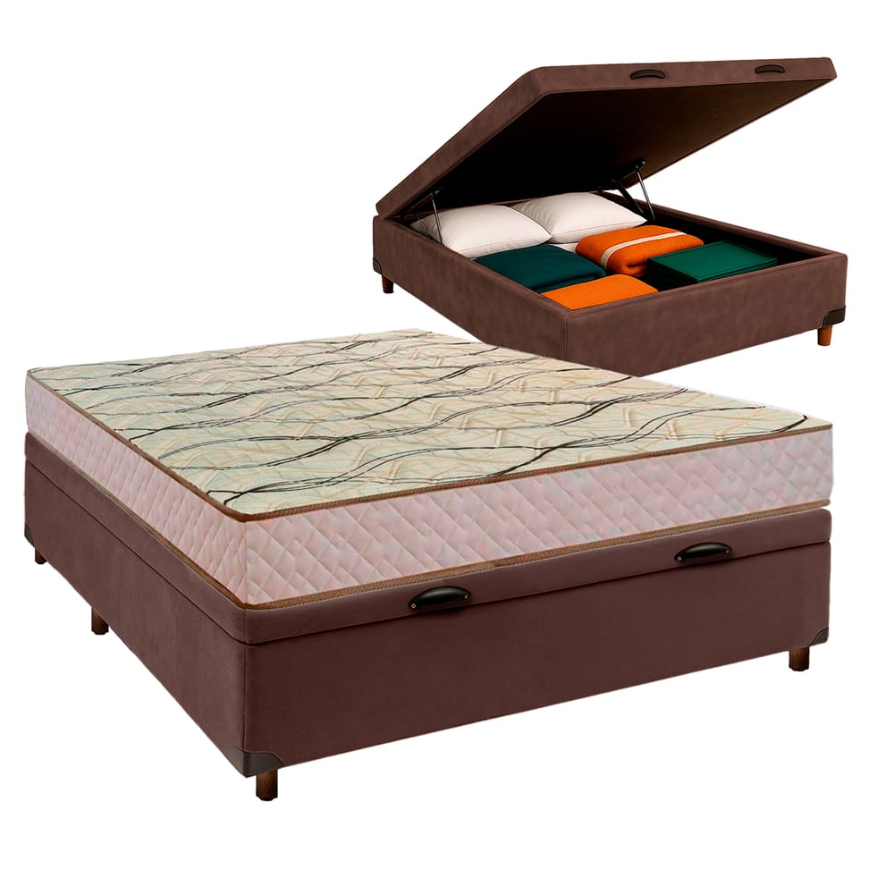 Conjunto Cama Box Bau Marrom Casal + Colchão D33 Maxsono Paropas
