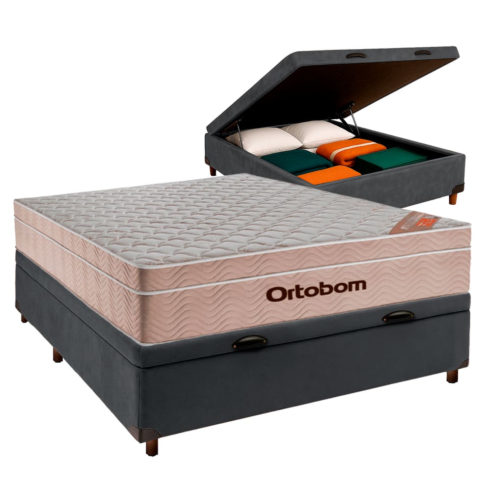Cama + Bau Cinza e Colchão Molas Ensacadas Casal - Airtech Ortobom