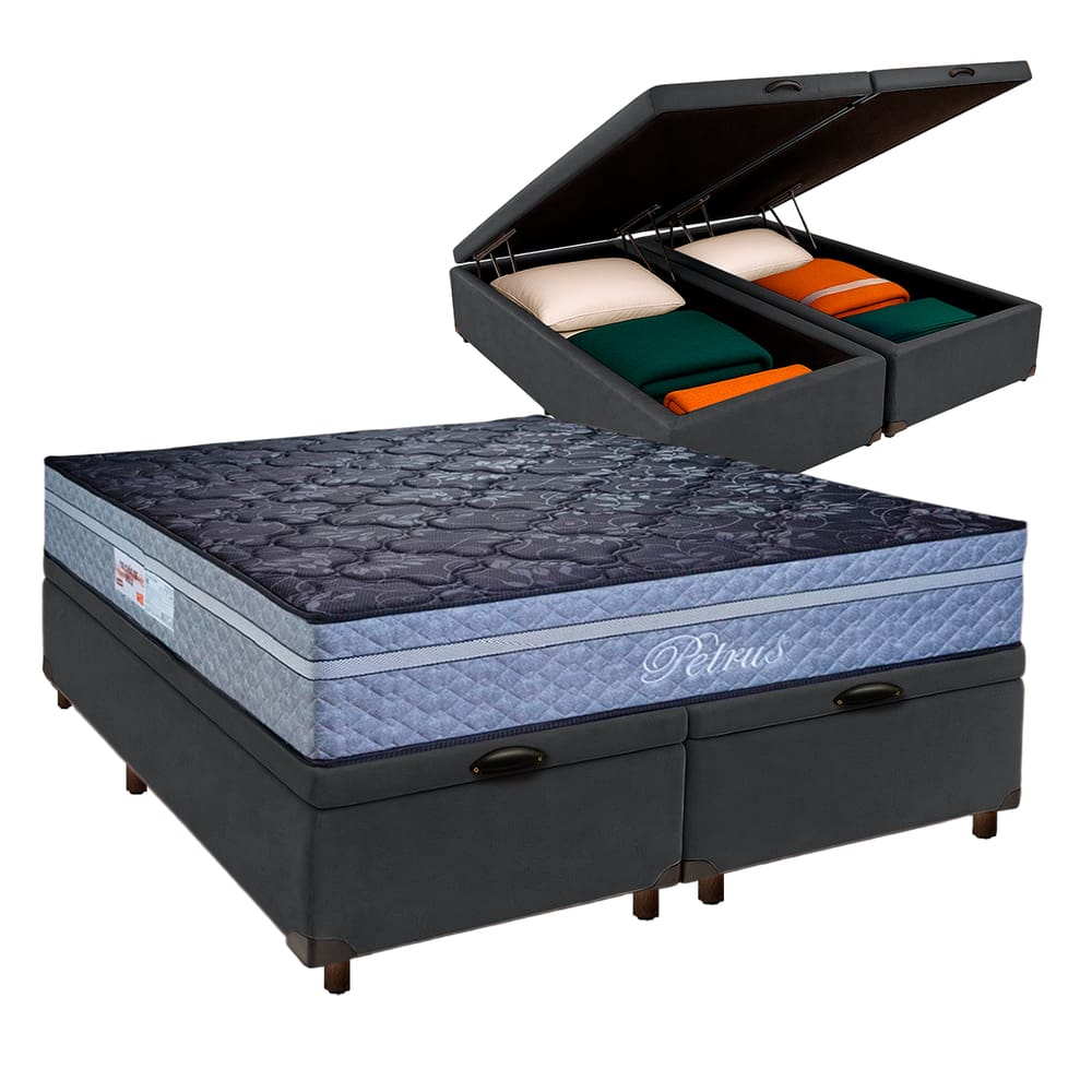 Conjunto Cama Box Bau Blindado Queen + Colchão Molas Ensacadas Petrus Paropas