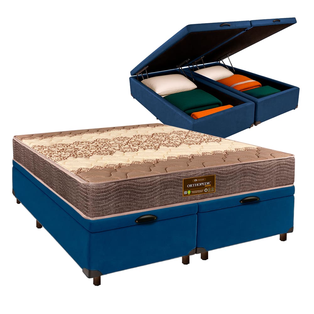Conjunto Cama Box Bau Blindado Queen + Colchão D26 Ortophedic Sankonfort