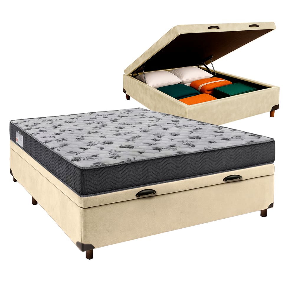 Conjunto Cama Box Bau Perola Casal + Colchão D33 Iso100 Ortobom