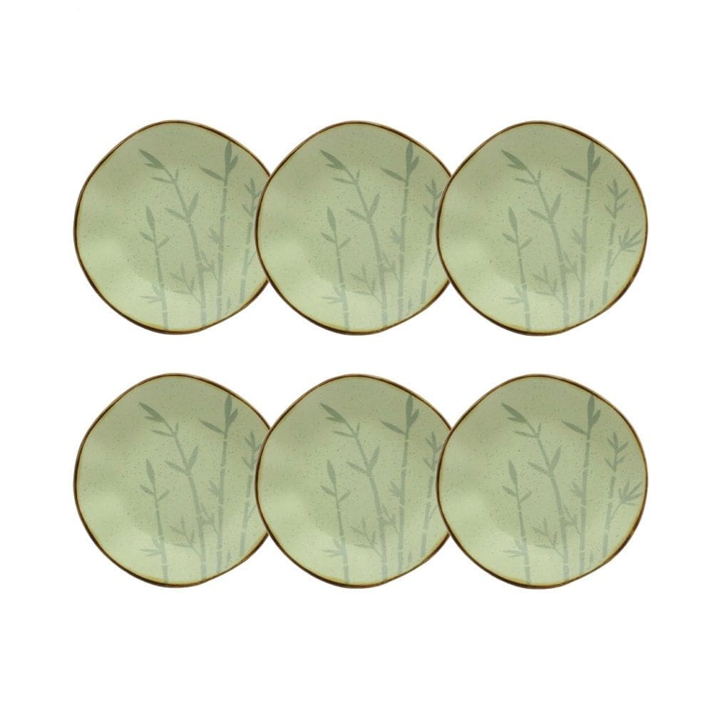 Cj 6 Pratos Fundos de Porcelana Orgânico Ryo Bambu Verde/Marrom 22,5cm Oxford