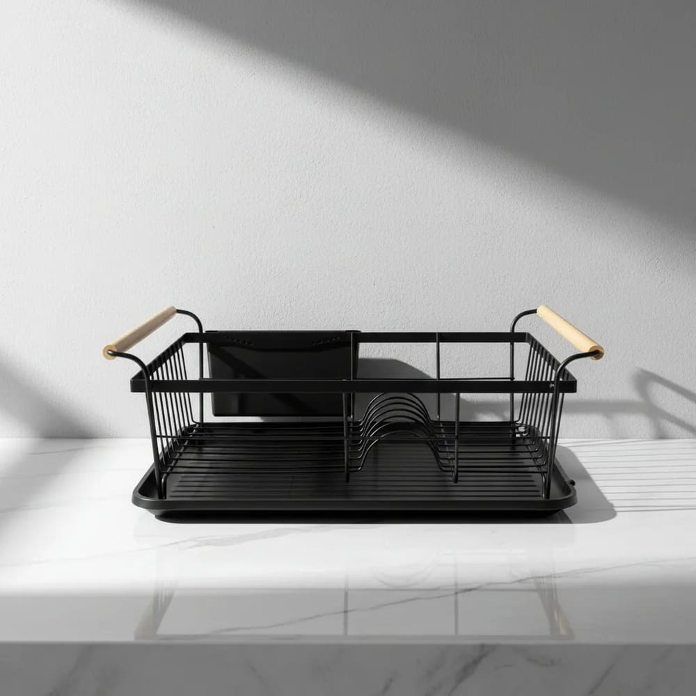 Escorredor Louças Rack Pratos Talheres Grande Inox Bambu Premium Preto