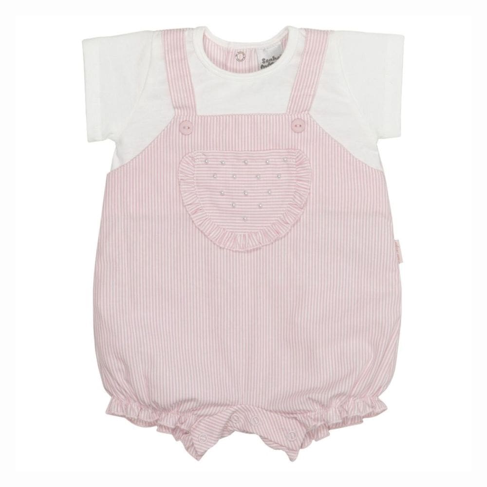 Macacão Bebê Menina Tecido Pérola Listras Rosa- Sonho Mágico