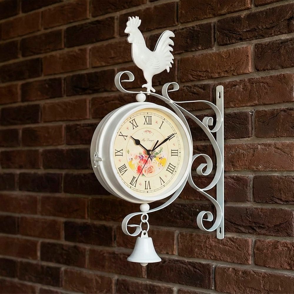 Relógio Estação Dupla Face Retrô Decoração Galo Branco Romano