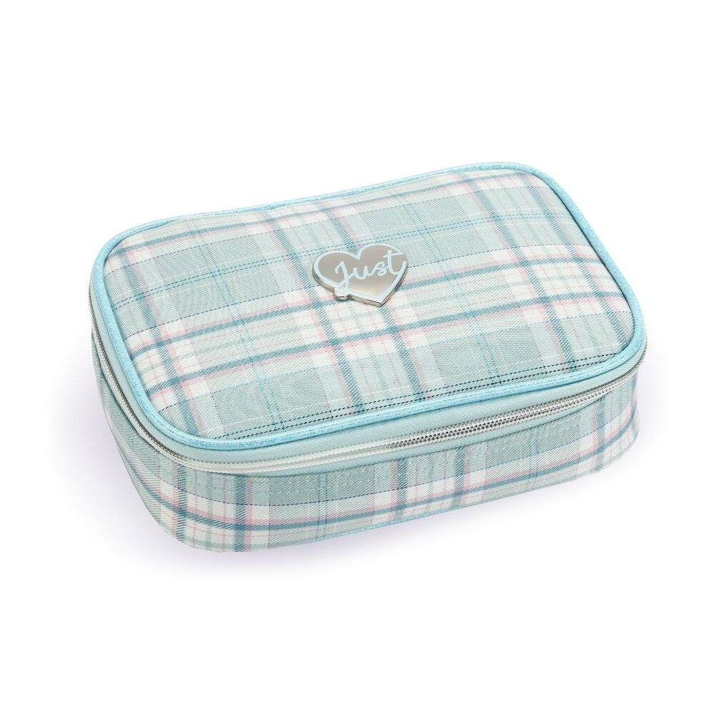 Estojo Escolar Azul Turquesa Xadrez Divisória Volta as Aulas Box Canetas Lápis Colorido Material