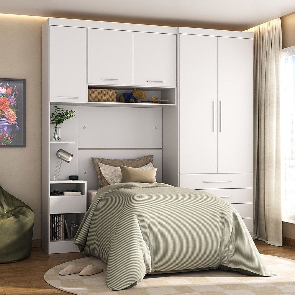 Quarto Modulado Solteiro com Guarda-roupas Maleiro e Cabeceira Alpes Master Luciane Moveis