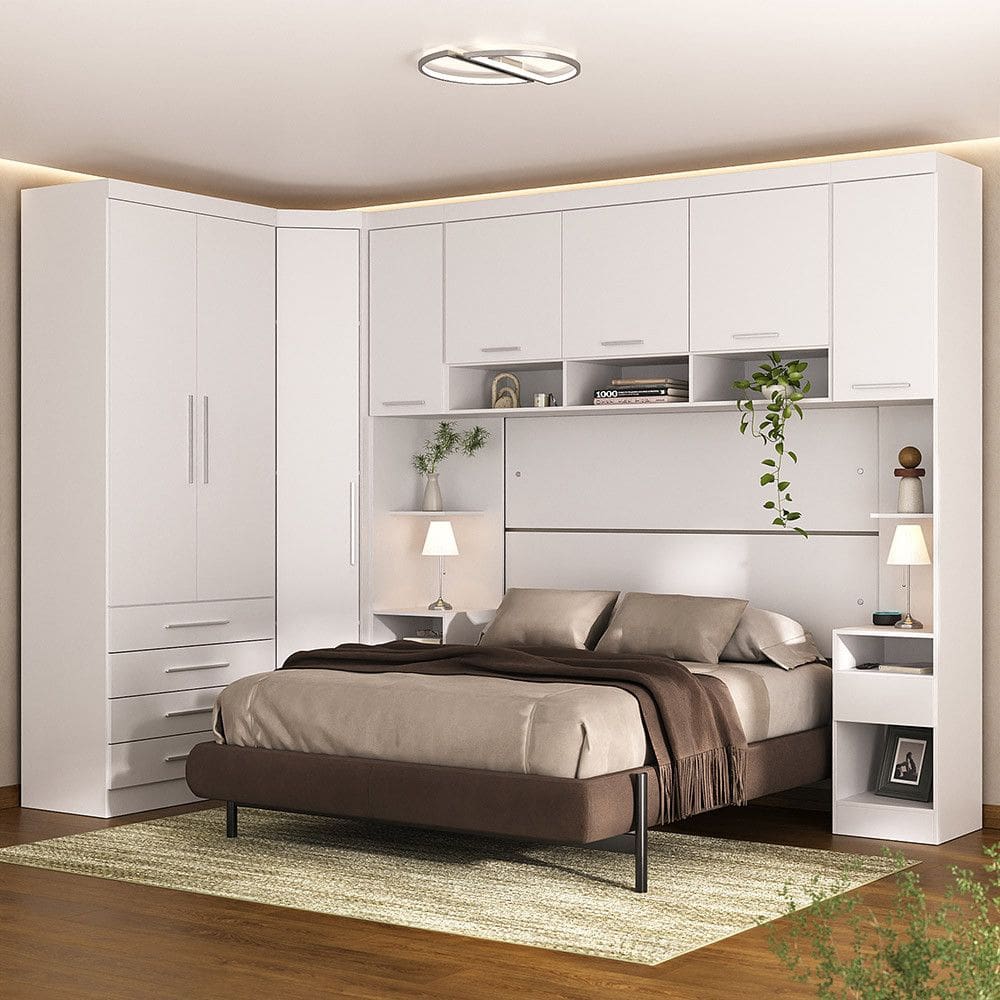 Quarto Modulado Queen de Canto com Guarda-roupas Maleiro e Cabeceira Alpes Master Luciane Moveis