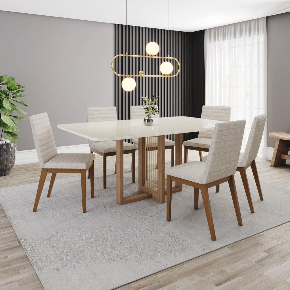 Conjunto Mesa Natalí 160cm com Vidro 06 Cadeiras Elena Marrom/Off White