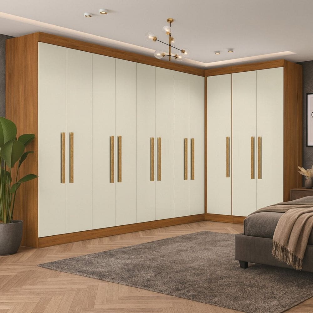 Guarda-roupa Modulado de Canto com Puxadores Mdf Paris Cinamomo / Off White