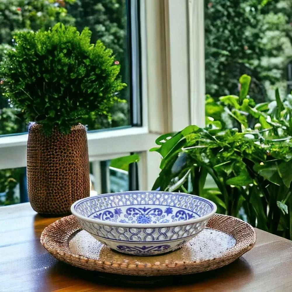 Fruteira Centro De Mesa Saladeira Porcelana Azul Branca 26X9