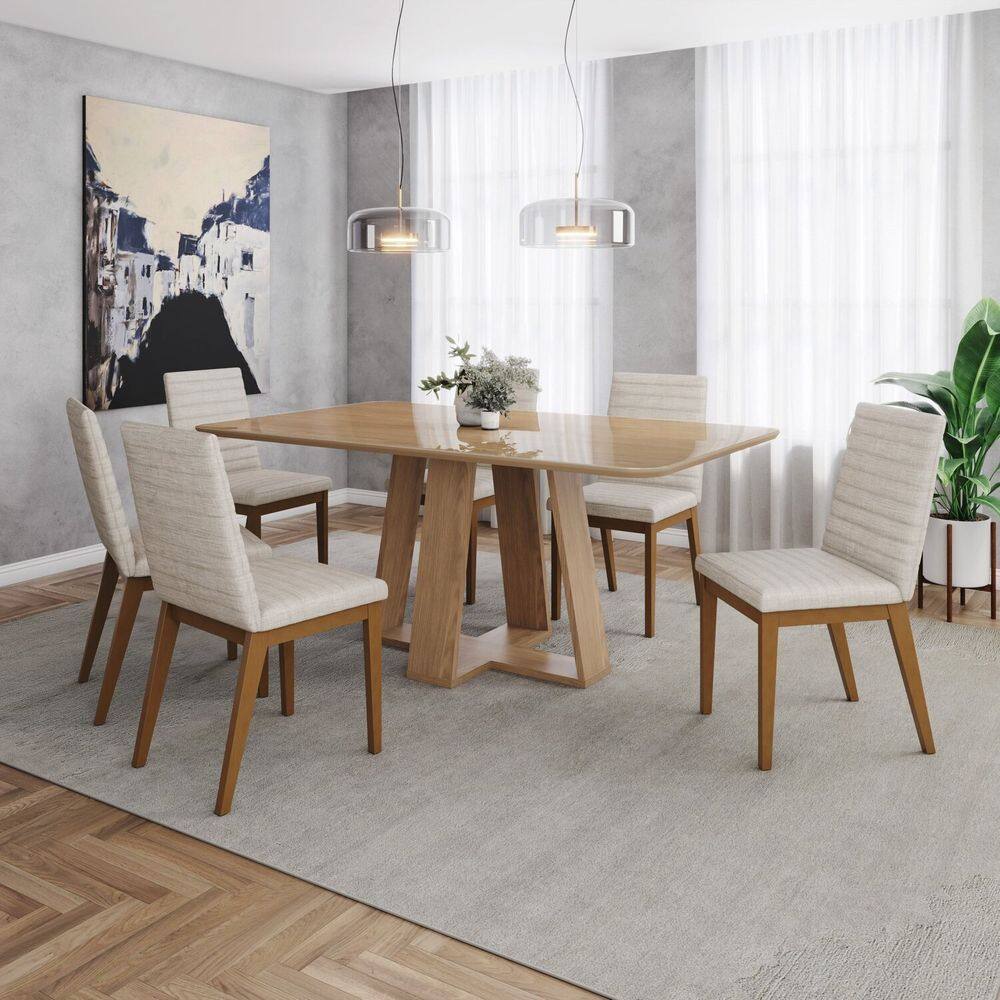 Conjunto Mesa Lins 160cm com Vidro 06 Cadeiras Elena Marrom/Off White