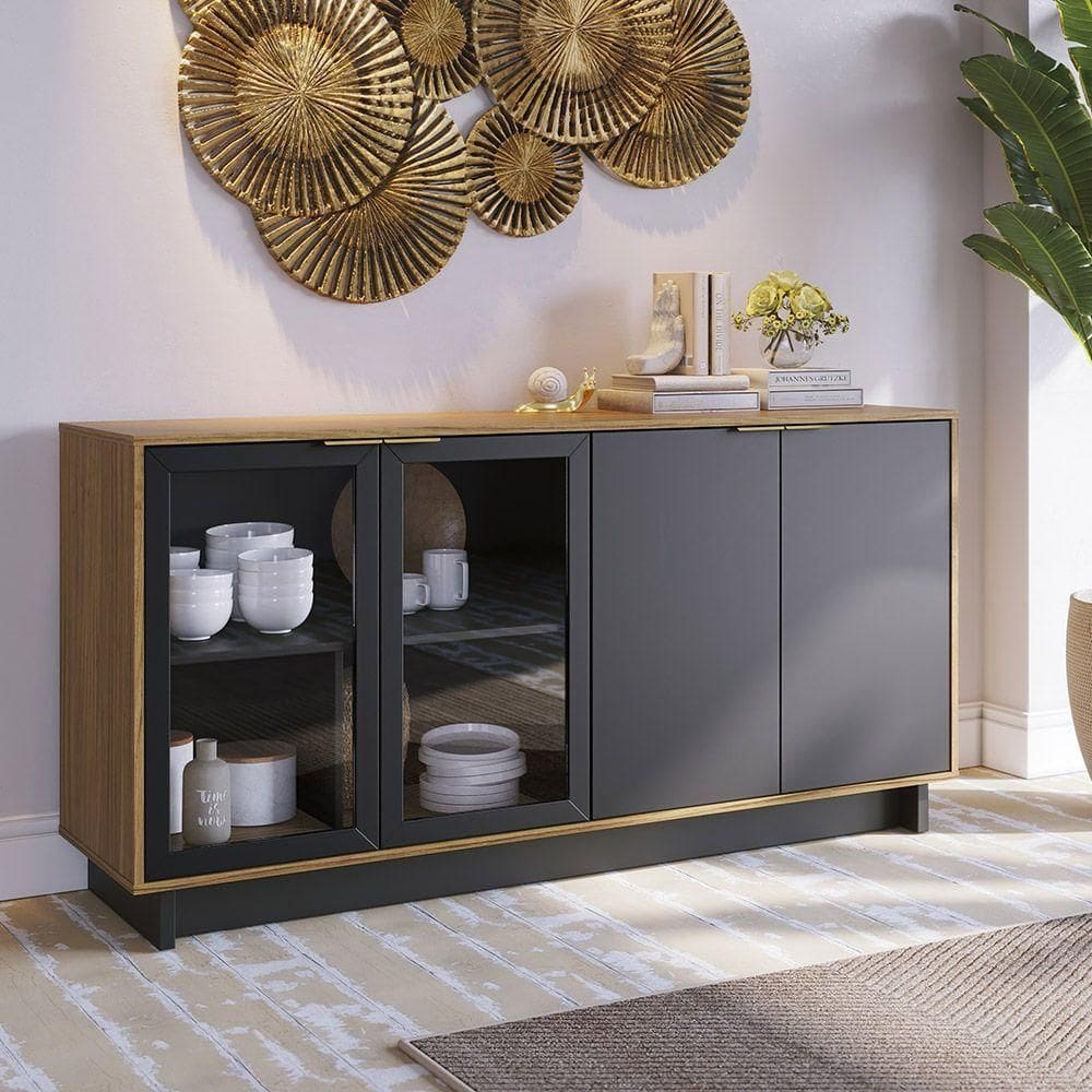 Aparador Buffet Vitoria 160cm 4 Portas De Giro - Ssx Multicoisas Cor Noce Milano/preto Fosco