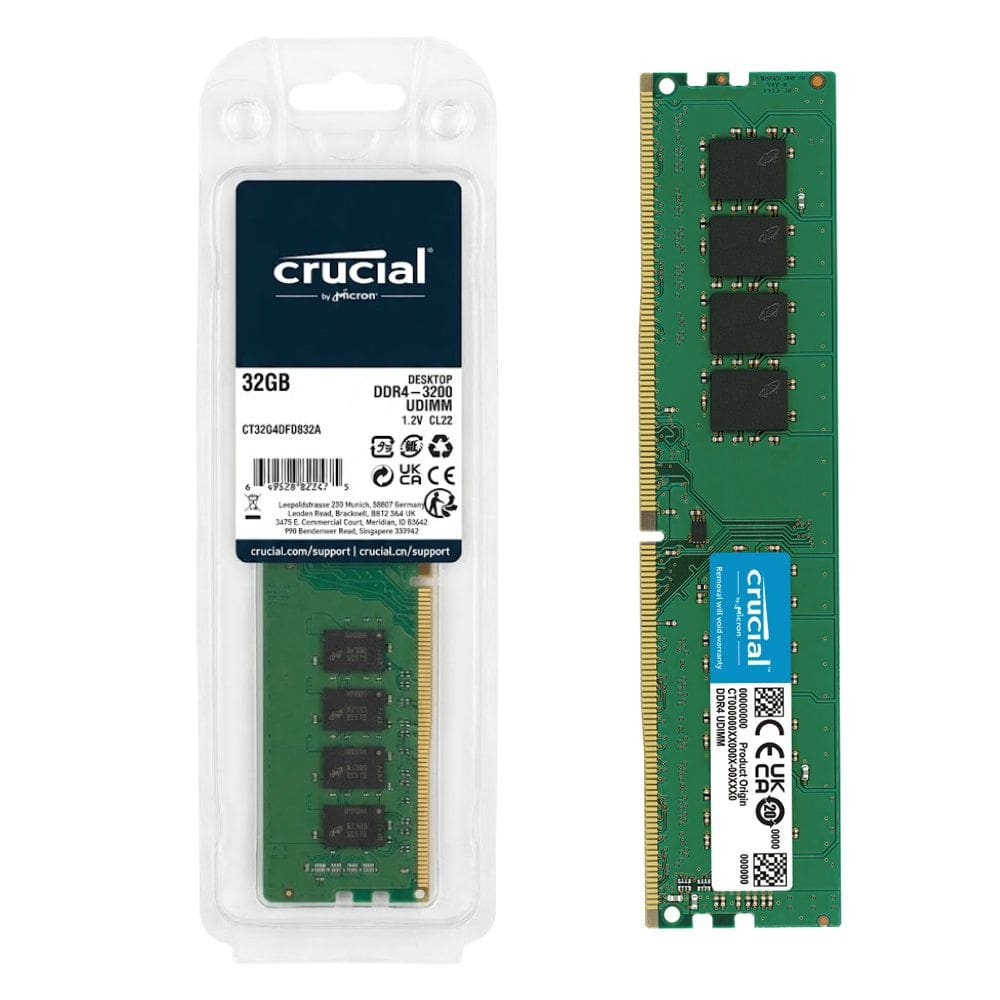 Memória RAM Desktop Crucial 32Gb DDR4 3200Mhz UDIMM 1,2V Cl22 (CT32G4DFD832A)