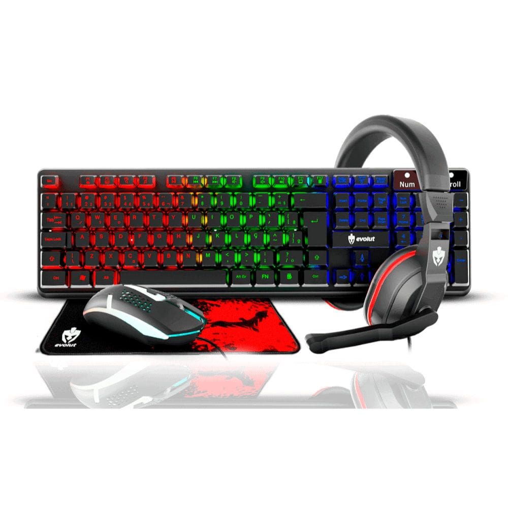 Combo Gamer Evolut EG54 Starter 4 em 1 Teclado ABNT2 Rainbow LED + Mouse 1600DPI + Headset P2 + Mousepad
