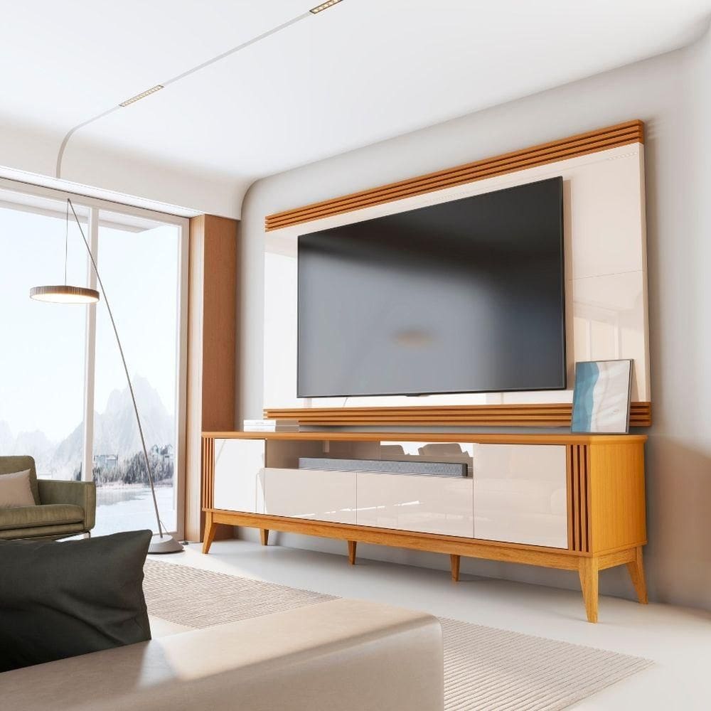 Rack Bancada Com Painel Detalhe Ripado Vetro Para Tv Até 75 Polegadas 2,18m Madeirado/off White