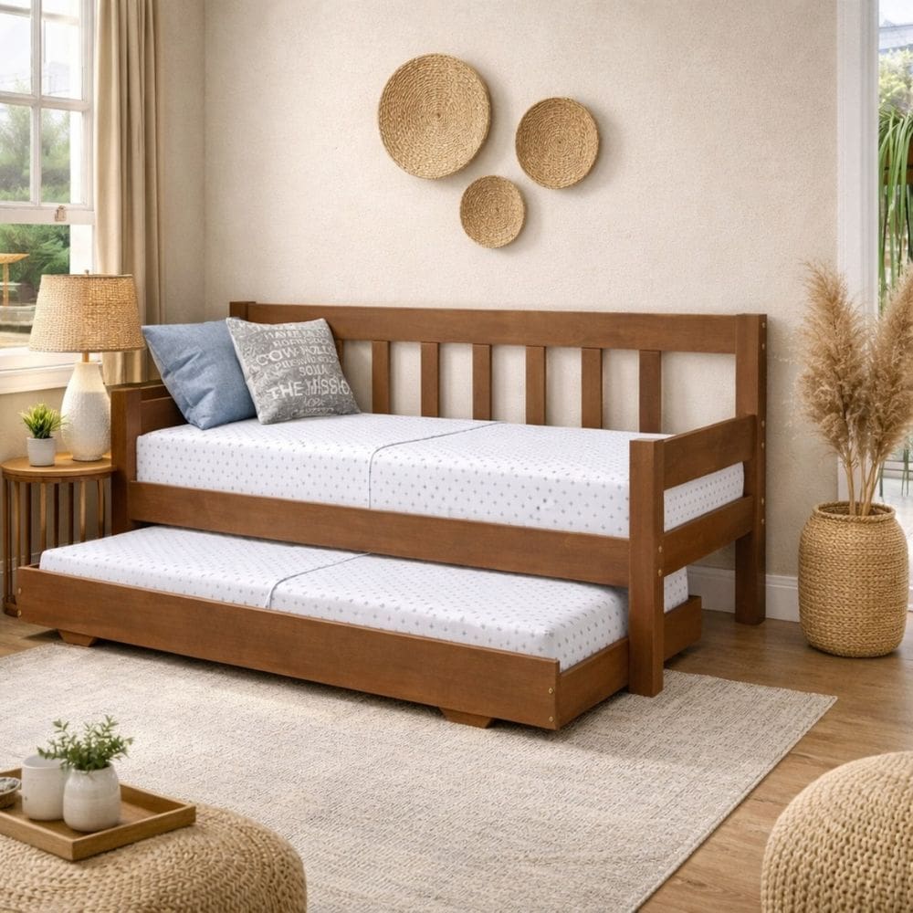 Sofá Cama De Madeira Maciça Com Cama Auxiliar De Solteiro