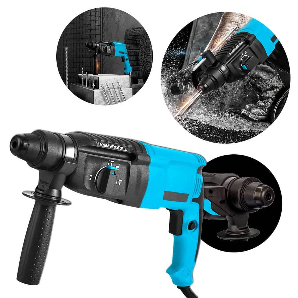 Martelete perfurador 220V com kit completo de brocas, cinzéis, acessórios de segurança e maleta resistente para uso doméstico e profissional