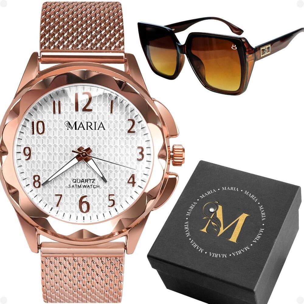 Relogio Prova Dagua Feminino + Caixa + Oculos Protecao UV rose banhado marrom silicone acetato moda