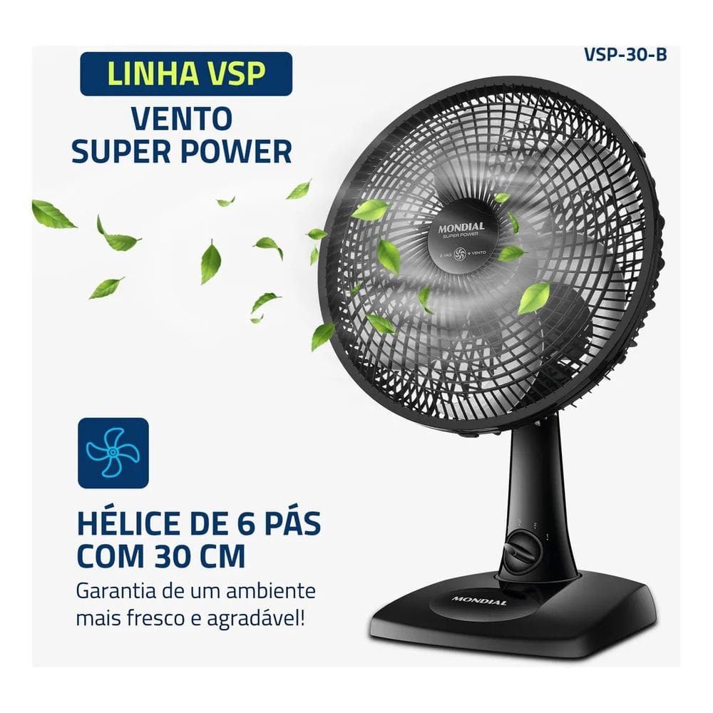 Ventilador De Mesa 30cm Super Power, Mondial, 60w - Vsp-30-b 30 Cm Preto 127v Prata Polipropileno 6