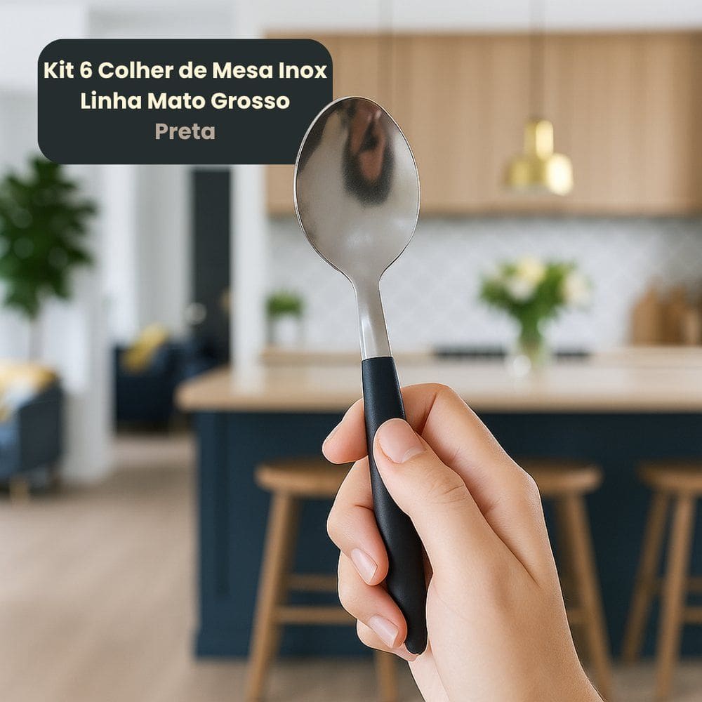 Kit 6 Colher de Mesa Inox Linha Mato Grosso - Preta
