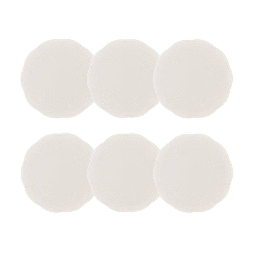 Cj 6 Pratos Rasos de Porcelana New Bone Butterfly Flower Branco 27cm Lyor