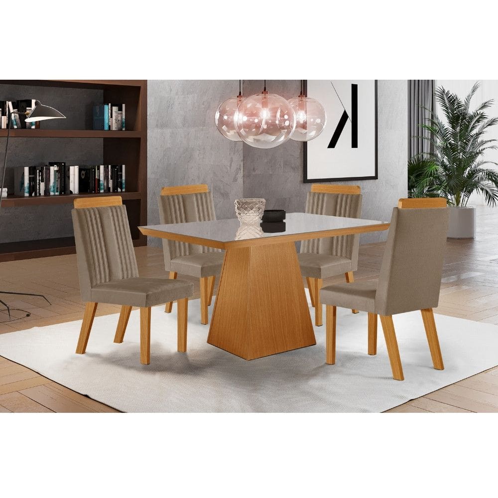 Conjunto Sala de Jantar Mesa Prada com Tampo de Vidro 120cm e 4 Cadeiras em MDF Florenca LJ Moveis