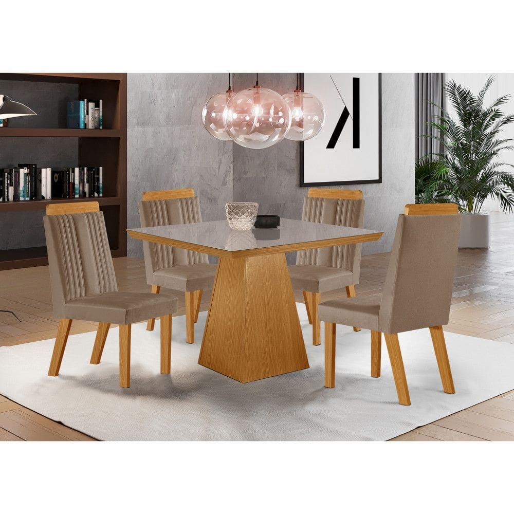 Conjunto Sala de Jantar Mesa Prada com Tampo de Vidro 90cm e 4 Cadeiras em MDF Florenca LJ Moveis