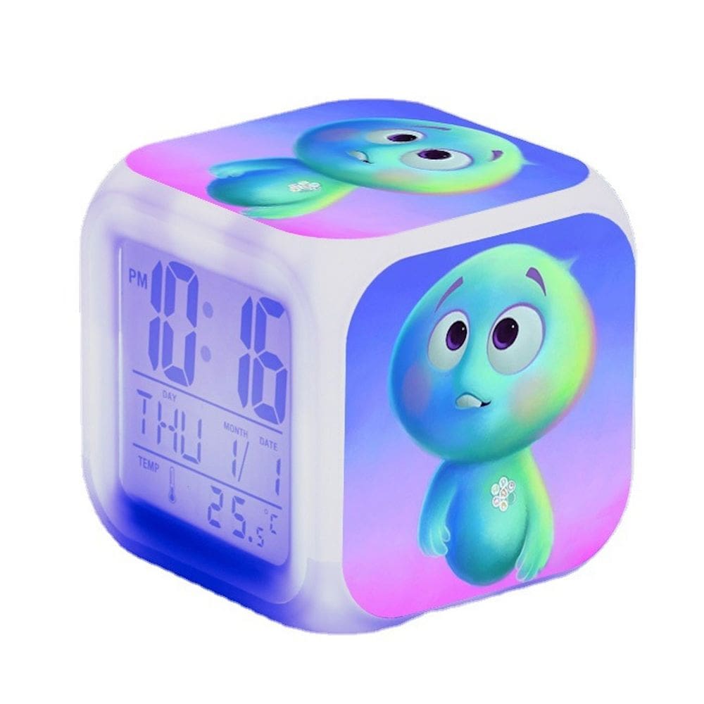 Despertador digital LED quadrado animado 8x8x8cm para crianças