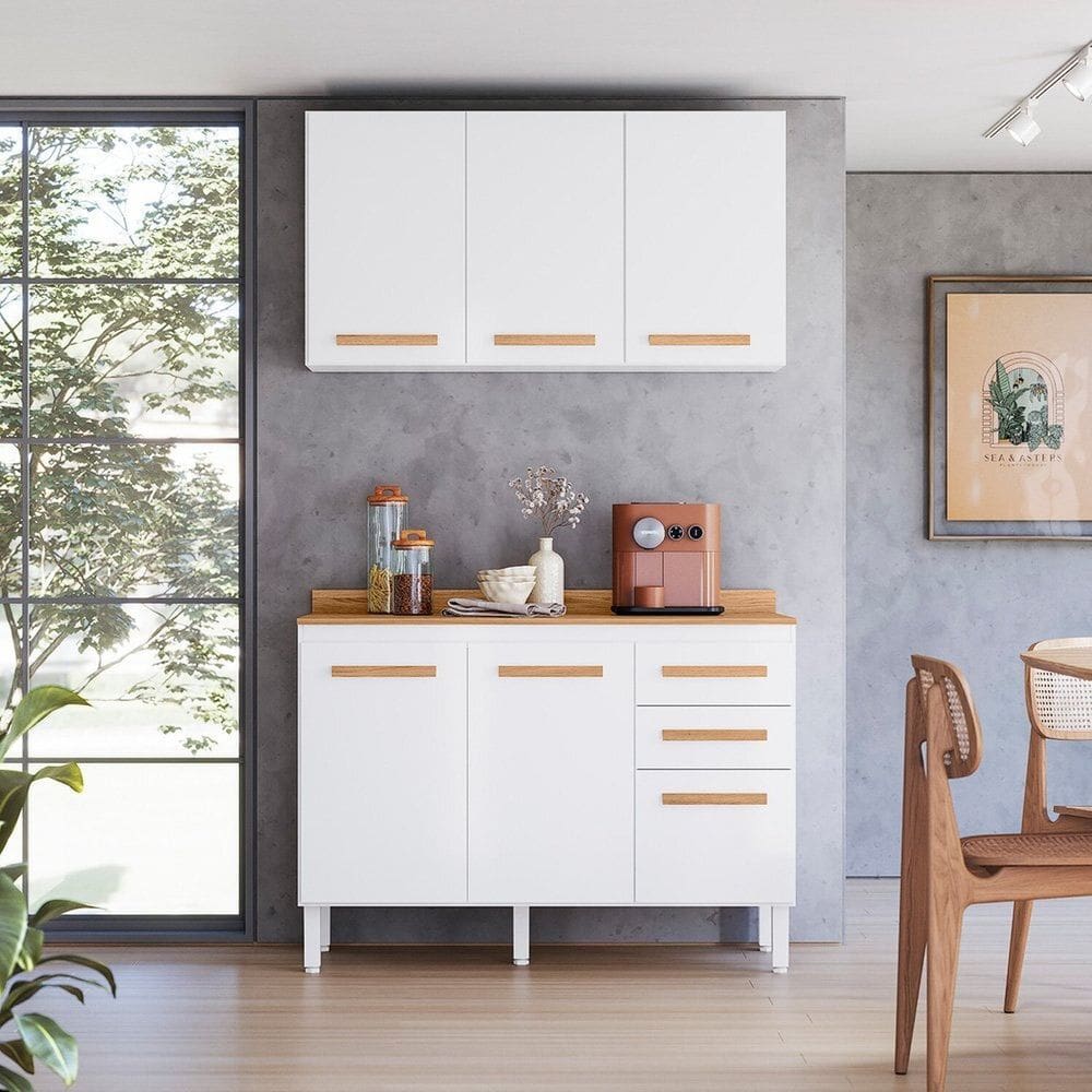 Armario para Cozinha Modulada 2 Peças com Balcão com Tampo e Armário Aéreo Amore Branco