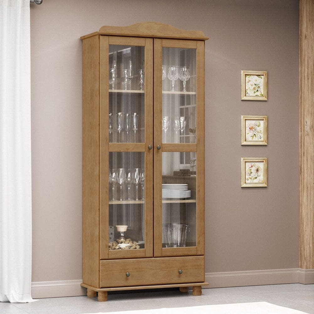 Cristaleira Vitrine Rústica 100% Madeira Maciça 2 Portas 1 Gaveta Linha Rubi Freijó