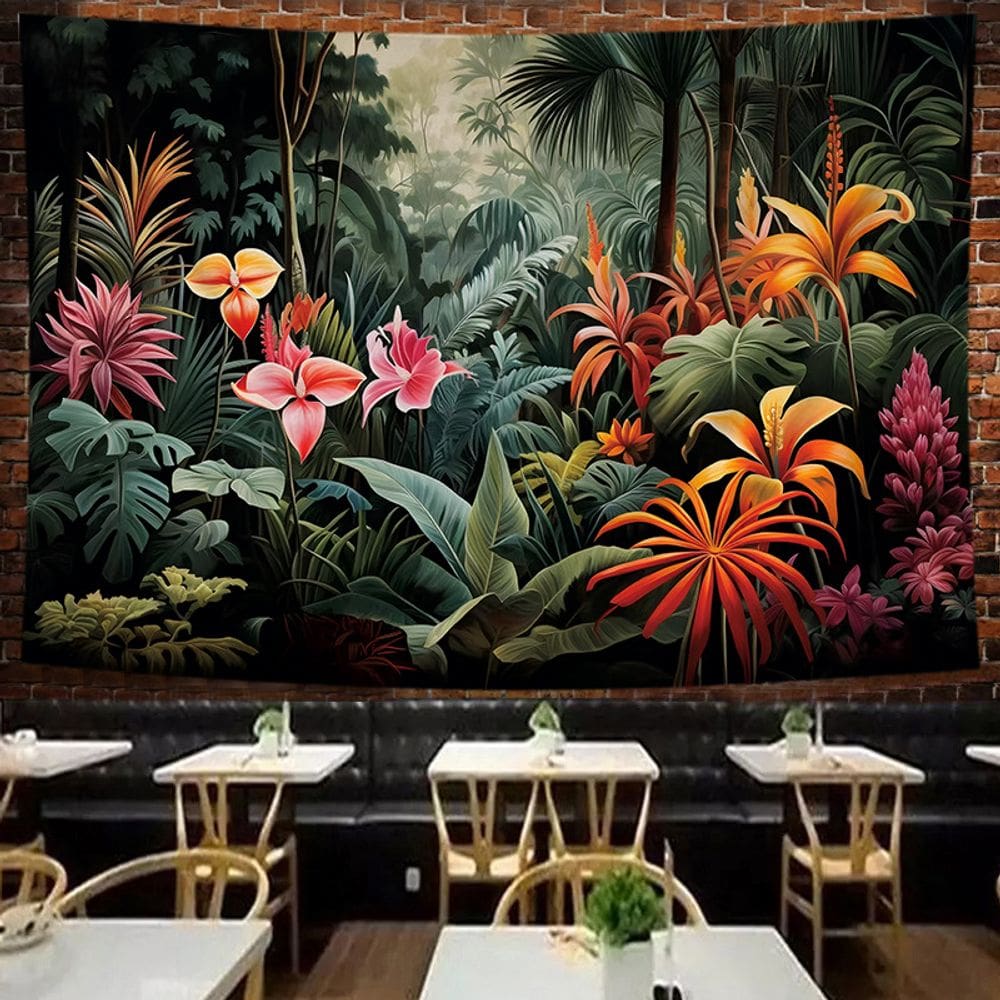 Tapeçaria, parede de plantas de flores da floresta tropical, 100x70cm, microtecido