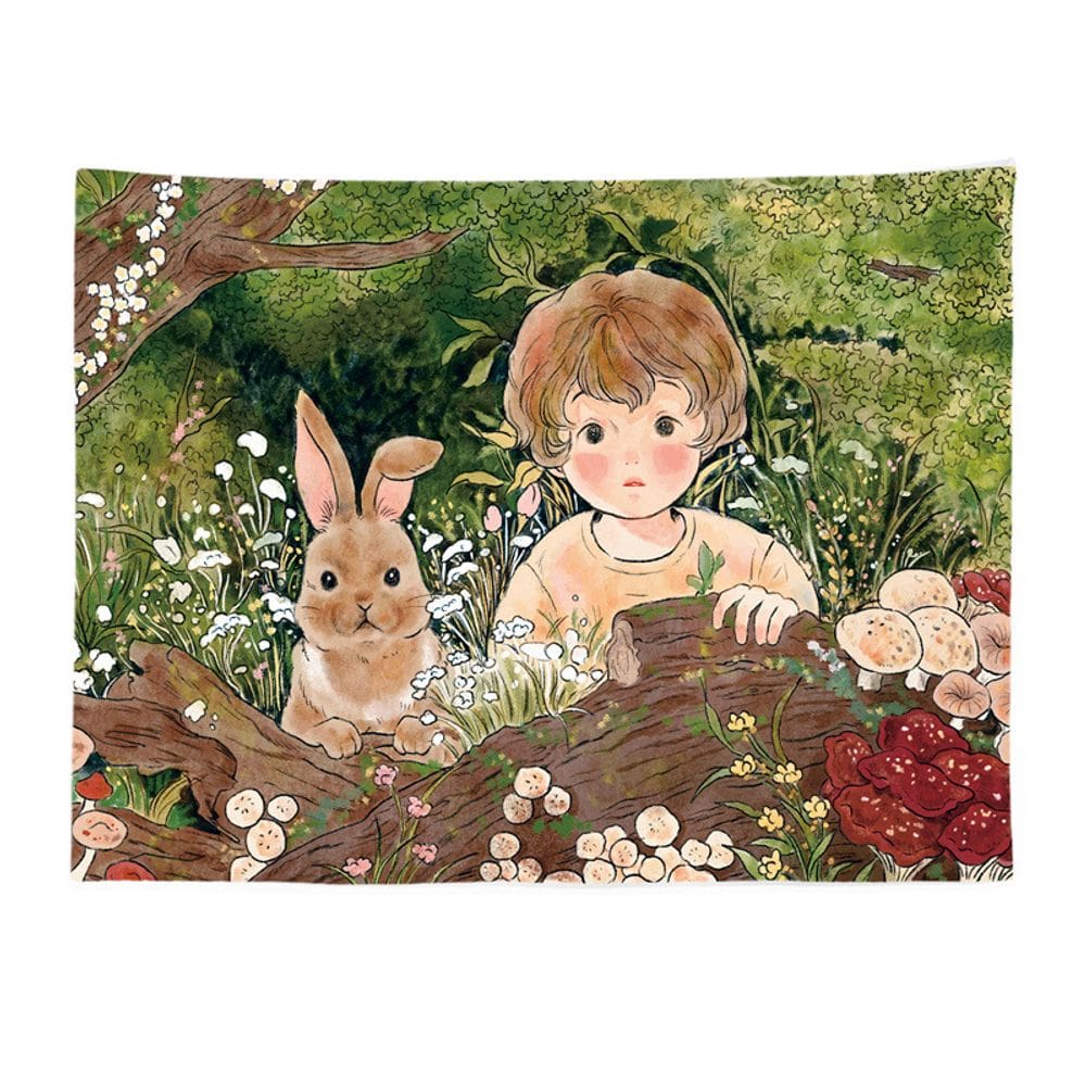 Tapeçaria Forest Boy Rabbit Wall Room Aesthetic 100x75cm