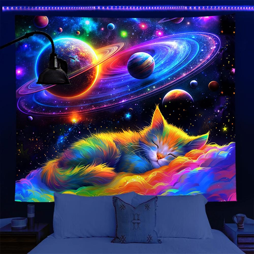 Tapeçaria Fluorescent Planet Cat Wall 150x150cm em microtecido