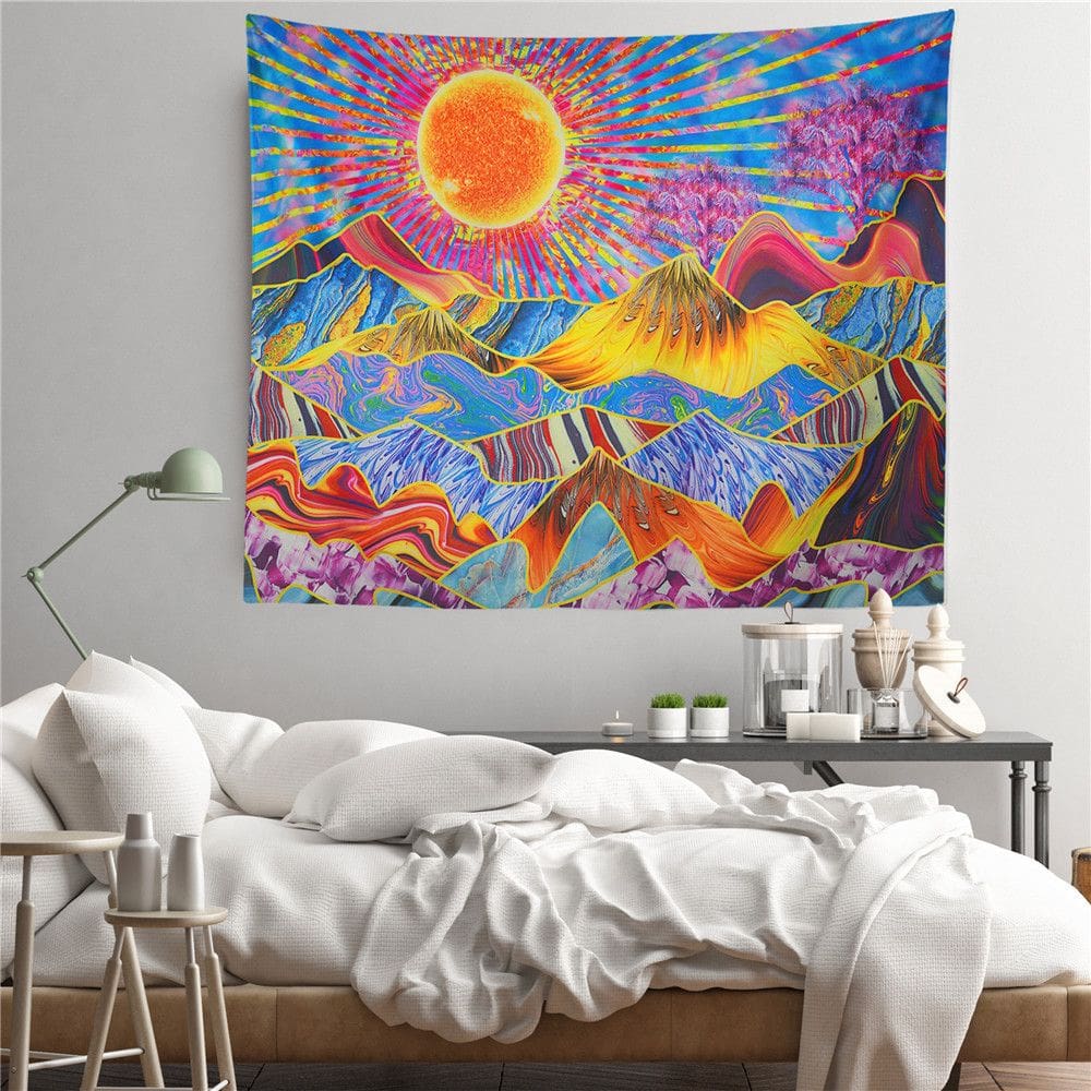 Tapeçaria colorida abstrata Rock Mountain Sunrise Sun 150x100cm