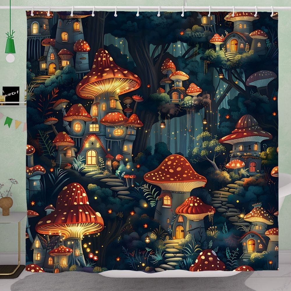 Cortina de chuveiro Fantasy Mushroom Forest impermeável de poliéster