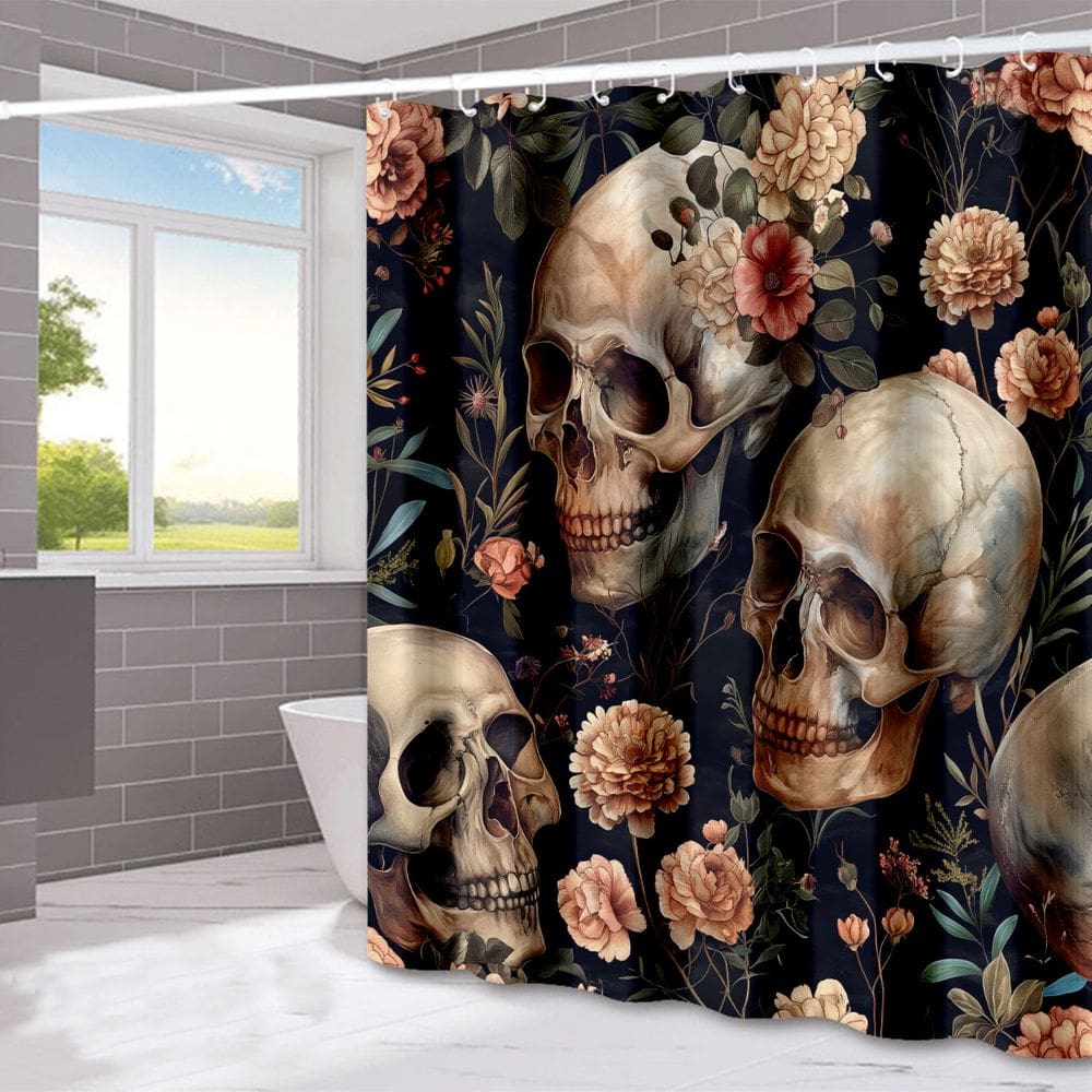 Cortina de chuveiro, caveira e banheiro gótico floral 180x180cm
