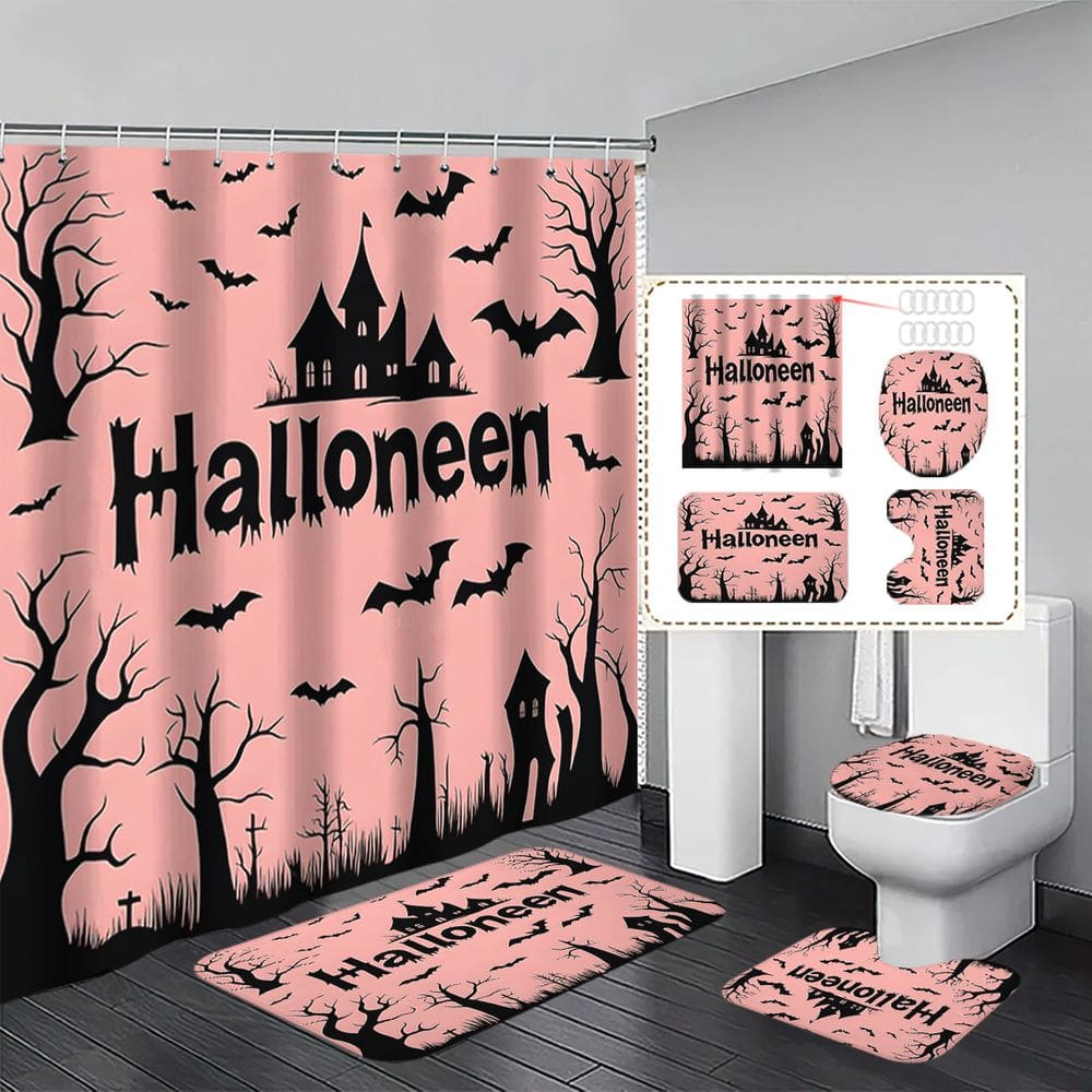 Conjunto de cortinas de chuveiro de banheiro para Halloween com tapetes antiderrapantes