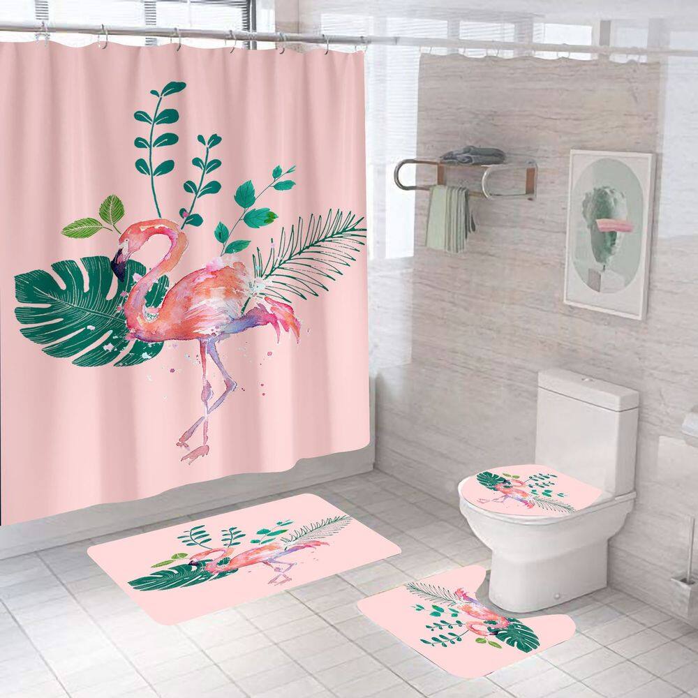 Conjunto de cortinas de chuveiro Flamingo Tropical Leaves de 4 peças