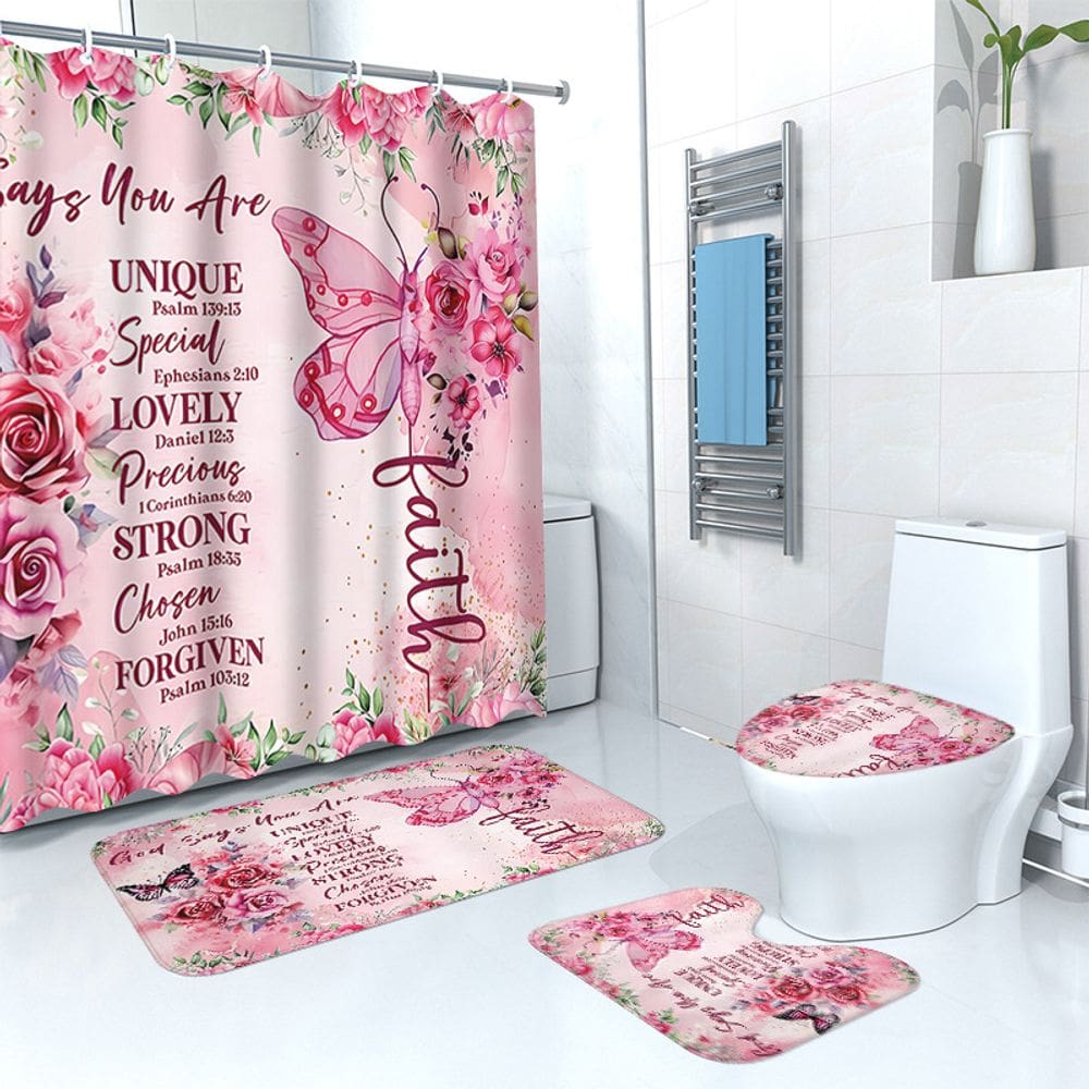 Conjunto de cortinas de chuveiro Butterfly & Rose com tapete de banheiro, 4 unidades