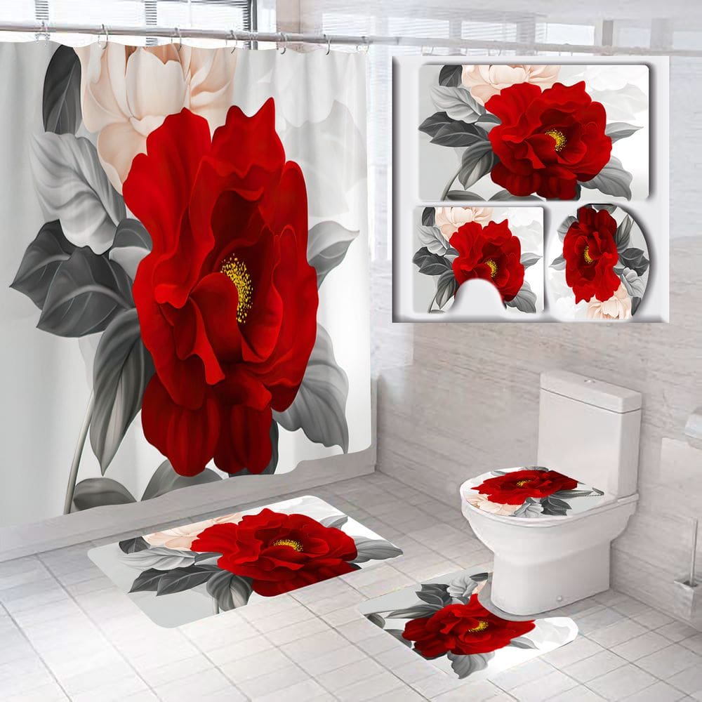 Conjunto de decoração de banheiro, cortina de chuveiro, poliéster floral vermelho