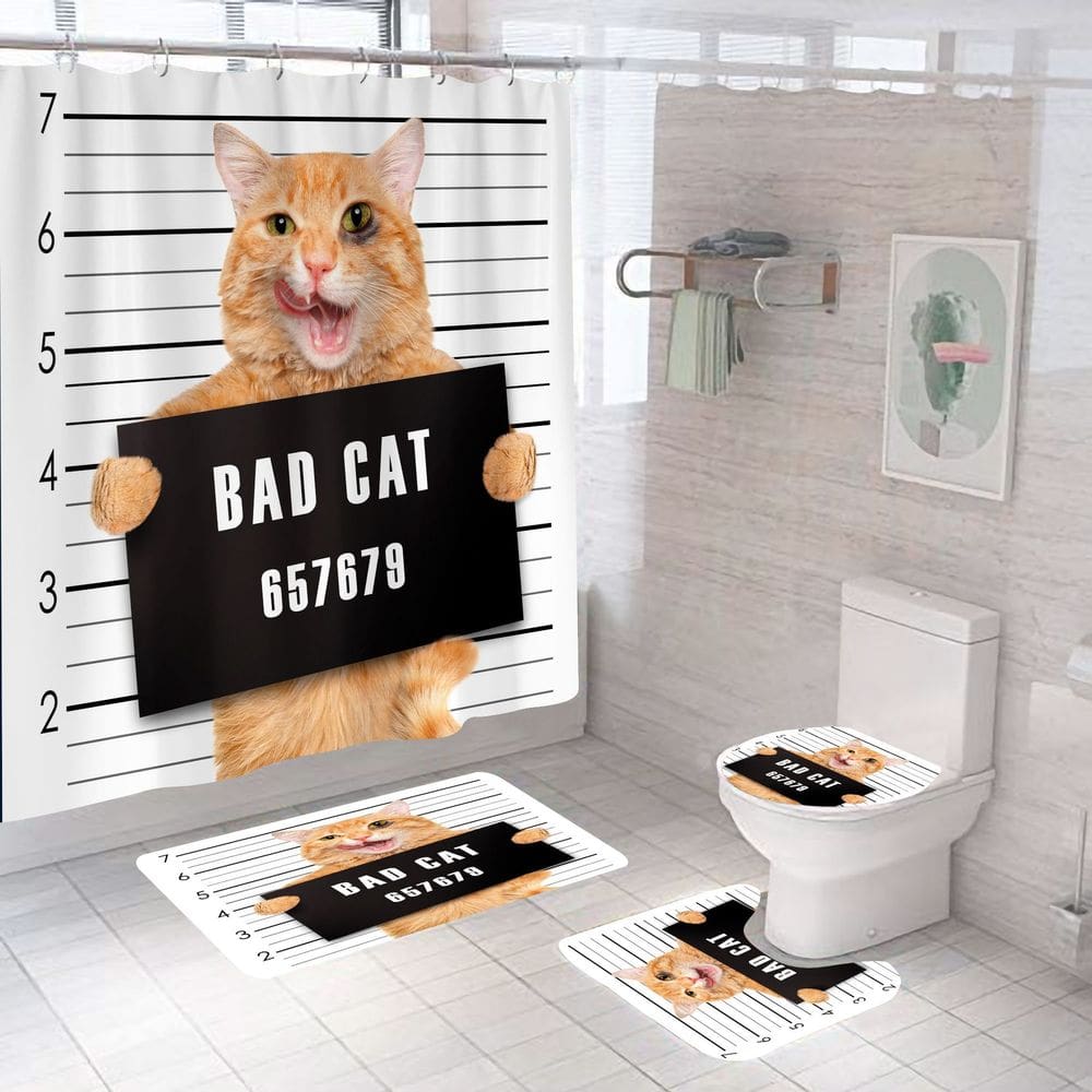 Conjunto de cortinas de chuveiro Bad Cat com tapete de banho, tampa de vaso sanitário e tapete
