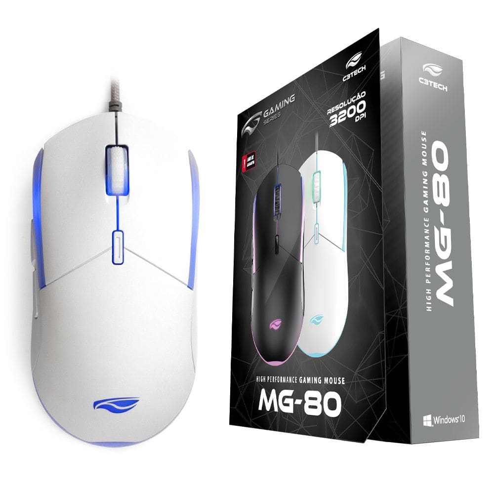 Mouse Gamer C3Tech MG-80WH Branco LED 3200 DPI 6 Botões Cabo Nylon USB