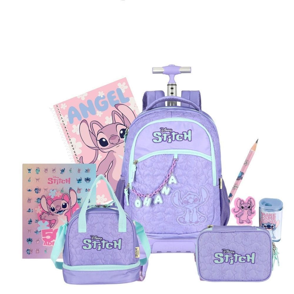 Kit Mochila Stitch Rodas Lancheira E Estojo Box Escolar Roxo