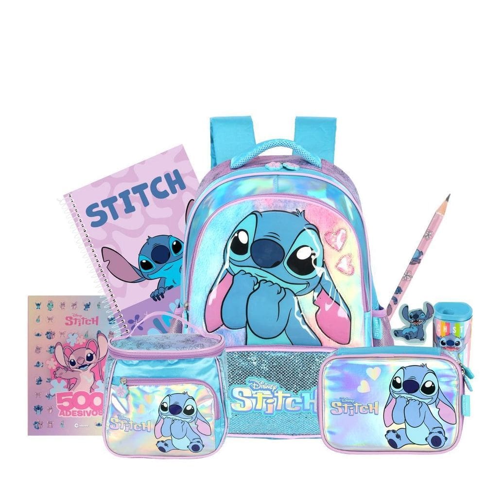 Kit Mochila Stitch Costas Lancheira E Estojo Box Holográfico