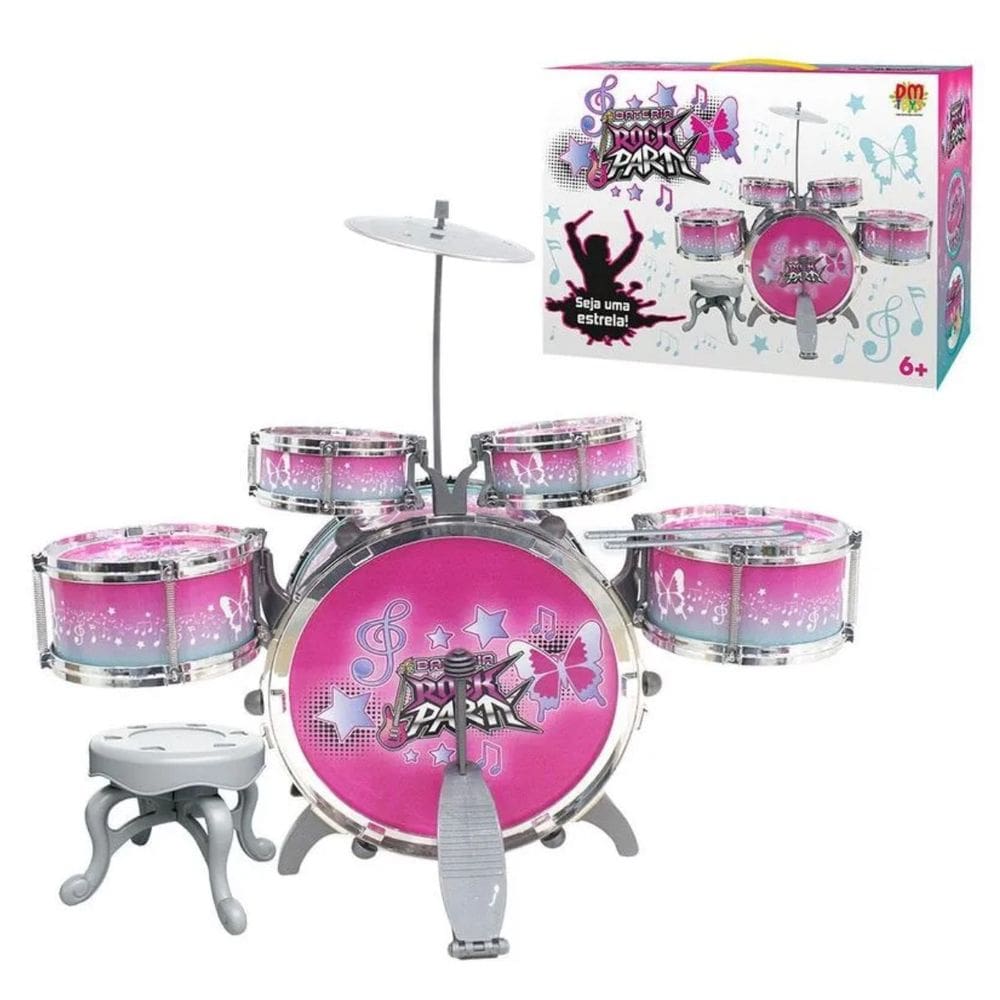 Bateria Infantil Rock Party Com Banquinho Banqueta Meninas