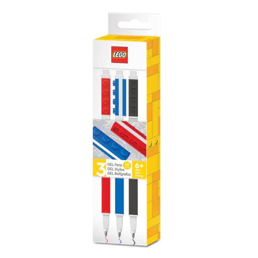Kit 3 Canetas Gel Vermelha, Azul, Preta | Canetas Gel LEGO® com peça para encaixar | Lego Stationary